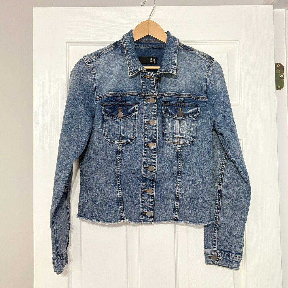 KUT From The Kloth Jean Jacket Womens L Blue Denim Distressed Raw Hem Pockets